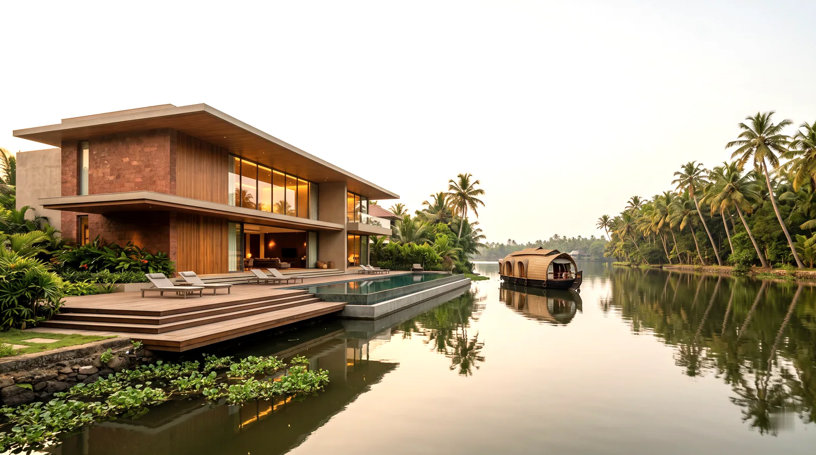 A modern villa overlooking the Kerala backwaters, with a houseboat on the lake