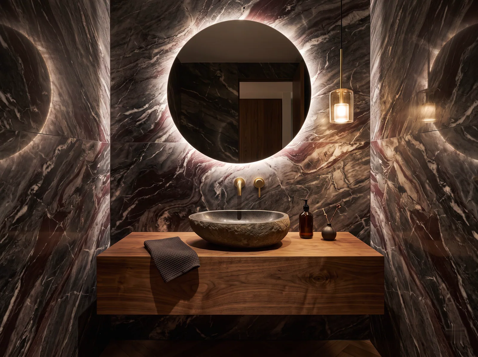 The Powder Room: A small, jewel-like guest bathroom in veined marble and walnut.