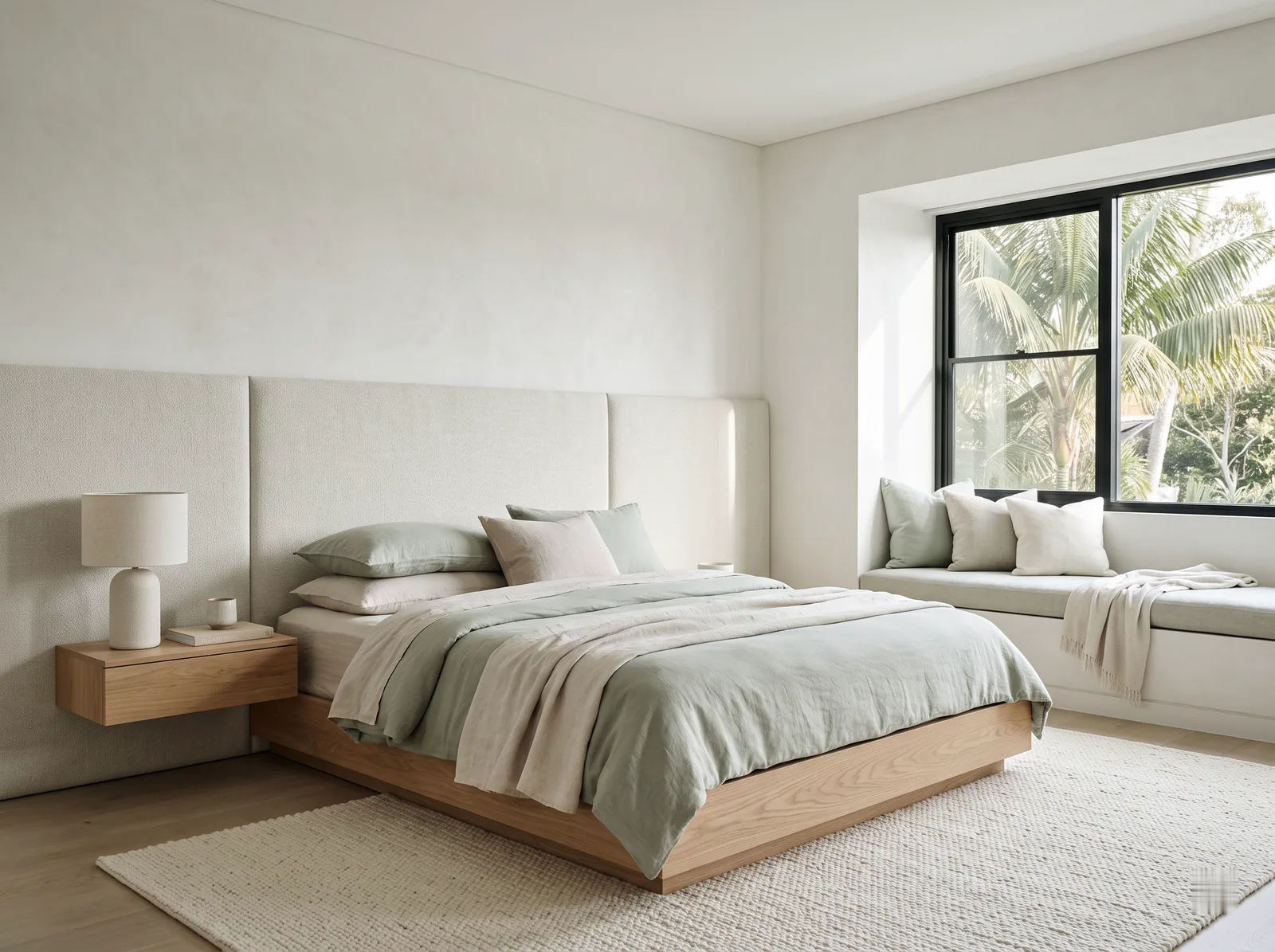 The Serene Retreat: Soft sage and oak, a low platform bed and a window seat for slow mornings.