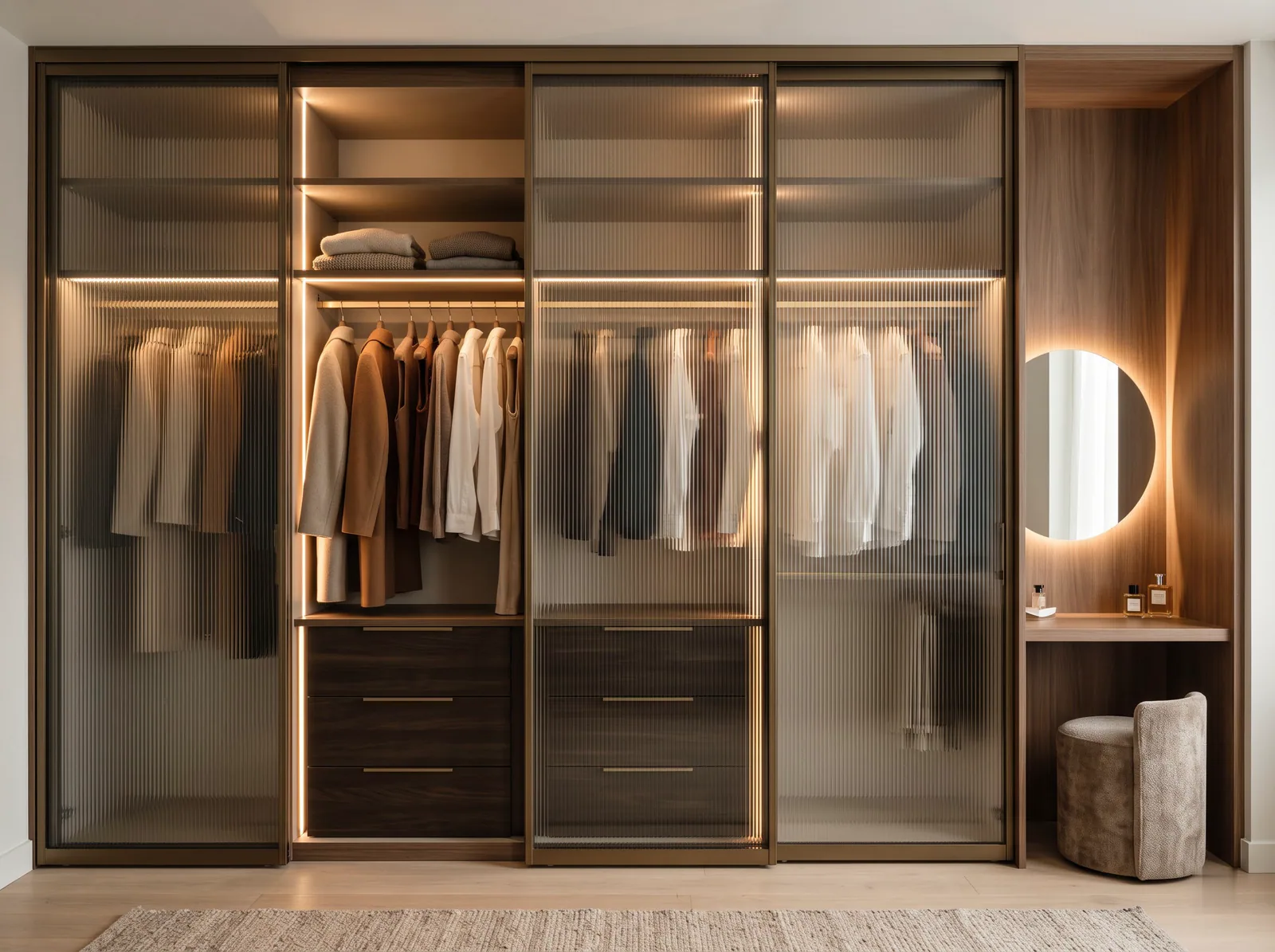 The Sliding Glass Wardrobe: Fluted glass doors in slim bronze frames, with a dressing niche beside.