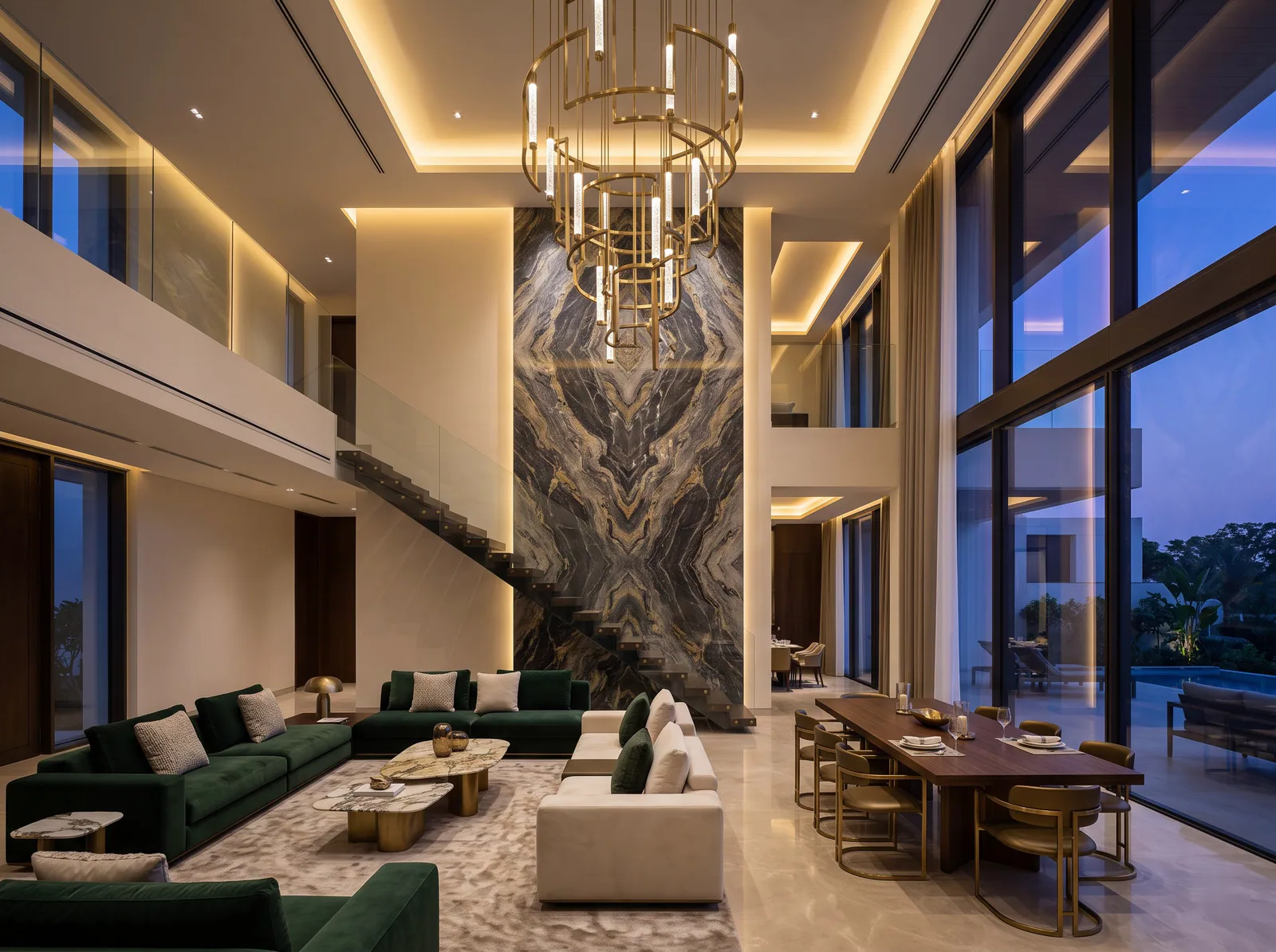 Modern Luxe: Marble, brass and velvet for dramatic, double-height living.