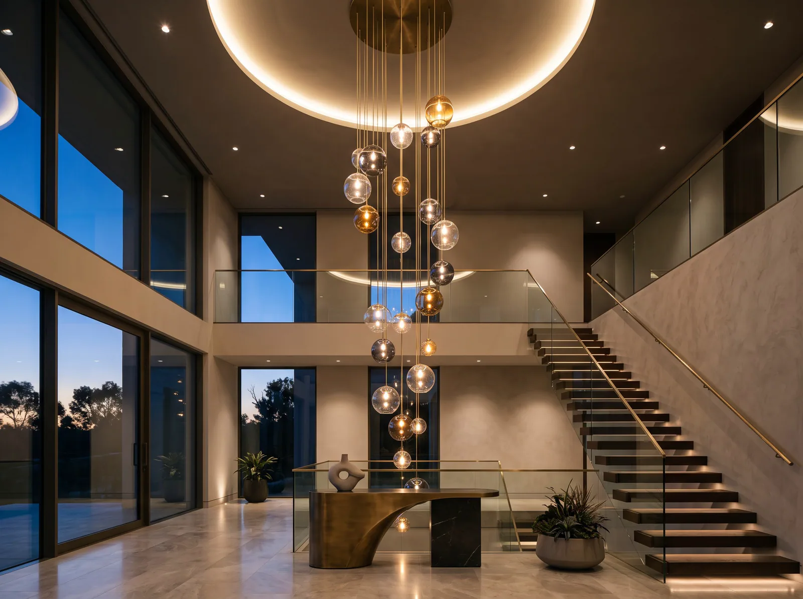 The Statement Chandelier: A cascading glass-and-brass centrepiece for a double-height space.