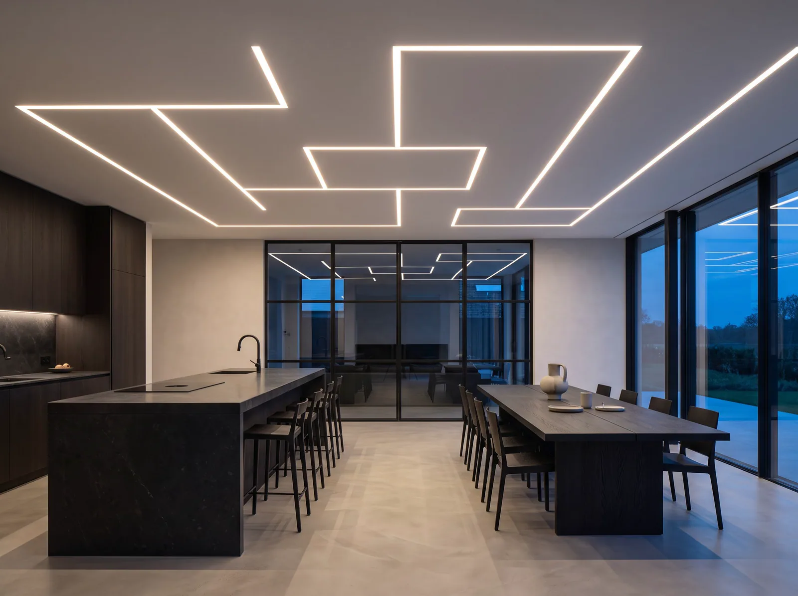 The Linear Light Ceiling: Crisp lines of light drawn into a smooth white ceiling.