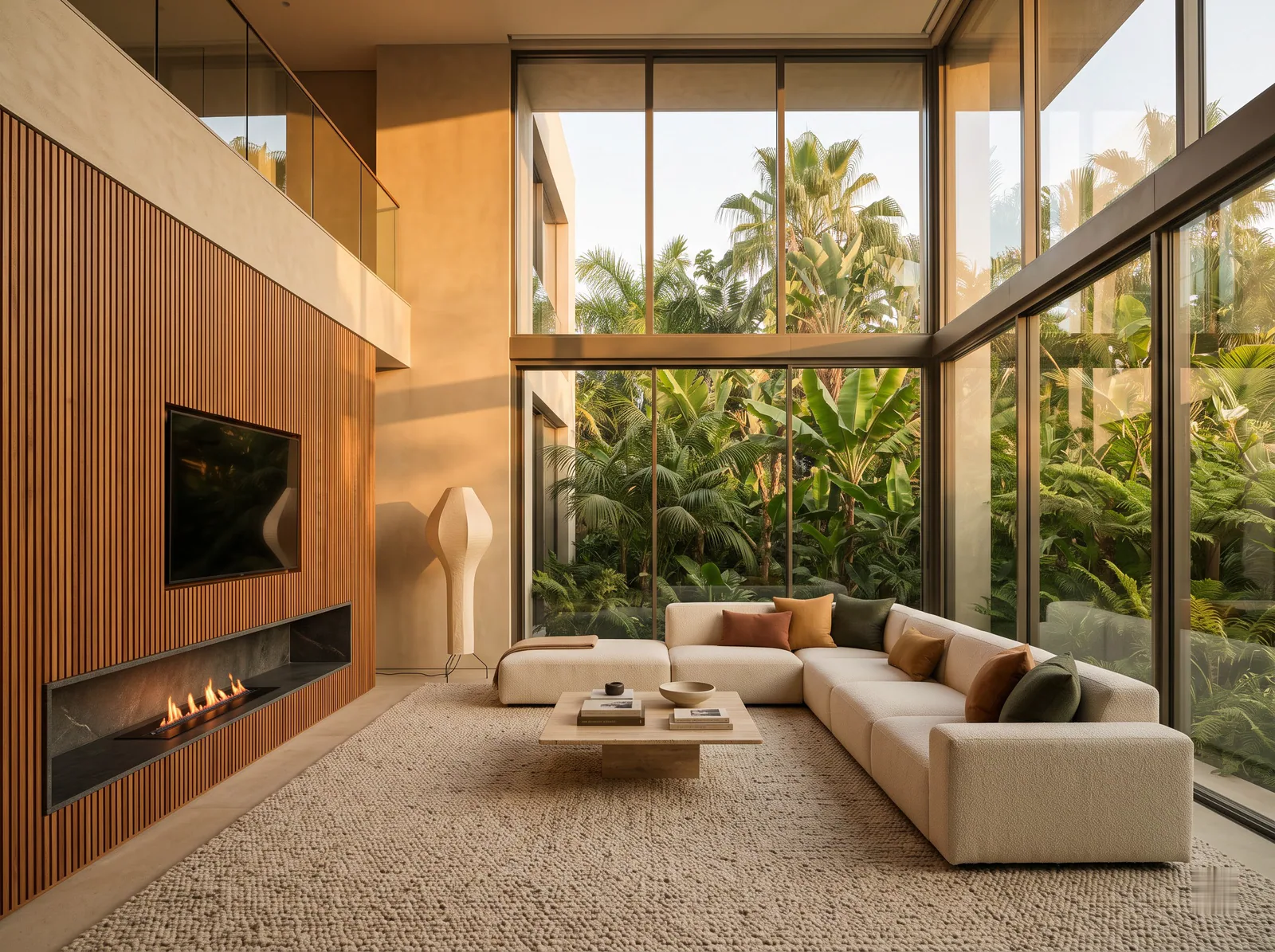The Double-Height Living Room: A soaring room with a full-height slatted wall and a two-storey view of the garden.